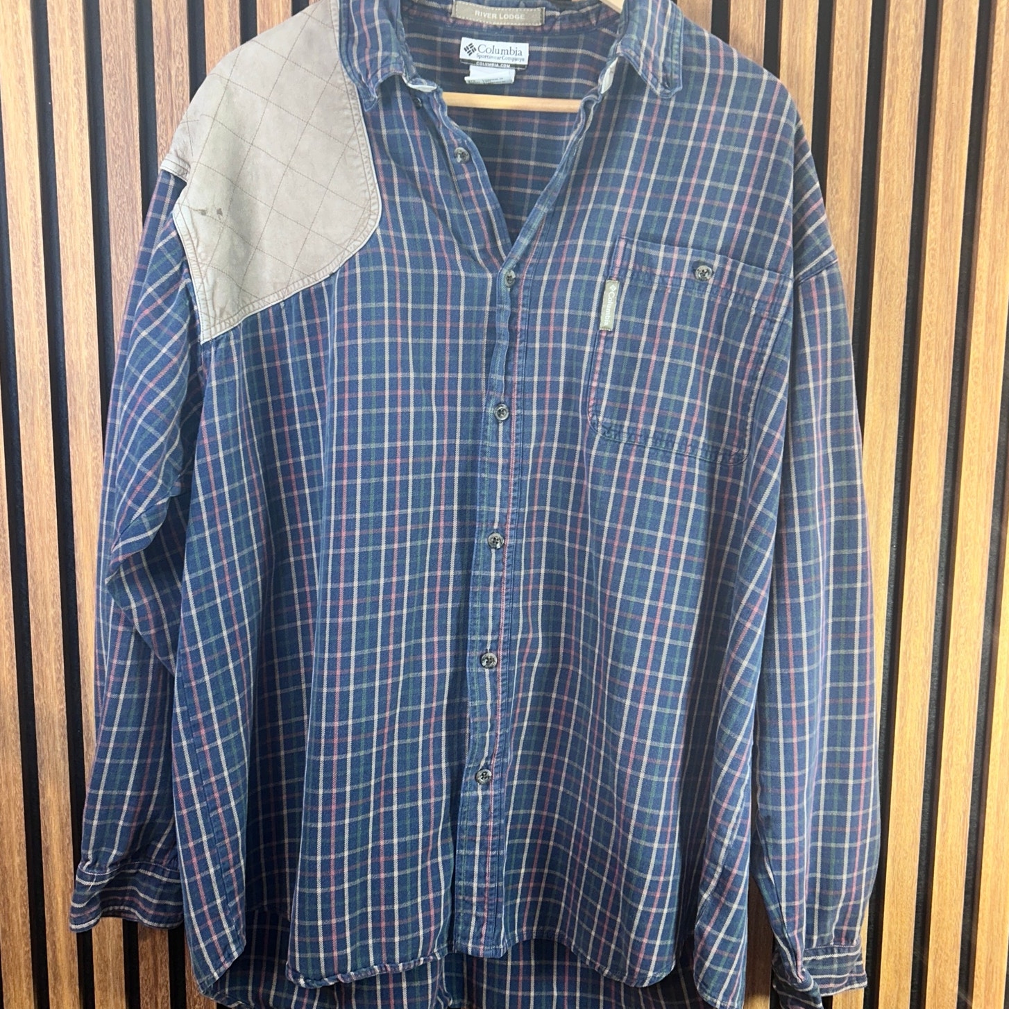 Columbia River Plaid Flannel Shirt Mens Xxl Blue Green Button Down Hunting Patch